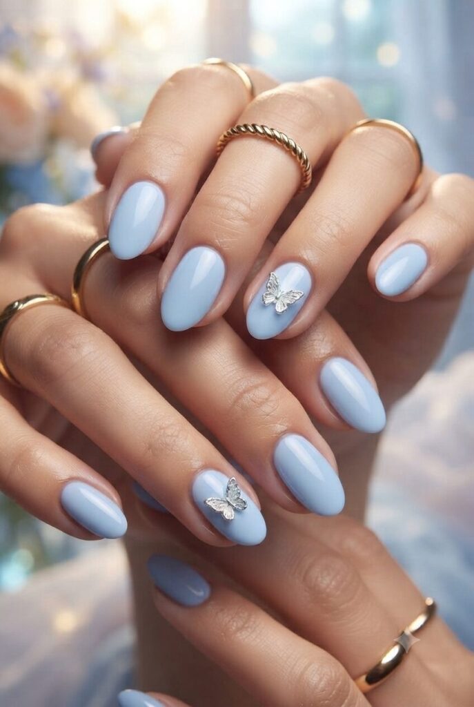 Pastel Blue 3D Silver Butterfly Charm Pastel Blue 3D Silver Butterfly Charm — Short Butterfly Round Nails 2027