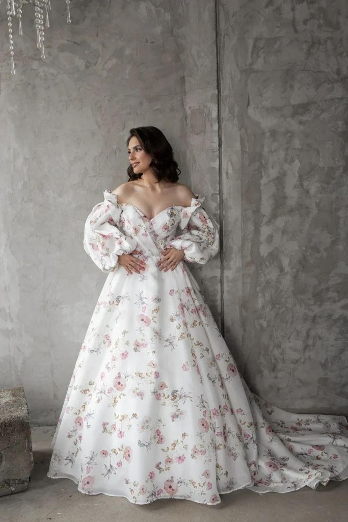 White Ballgown with Bold Pink and Green Floral Print — Colored Wedding Dresses 2027