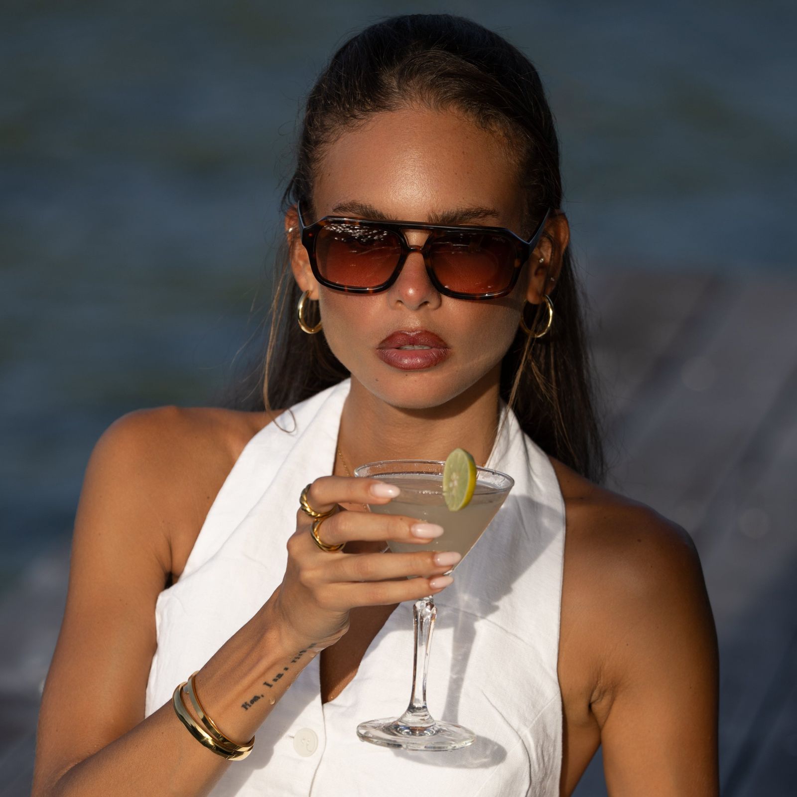 Tortoiseshell Aviators with a White Halter Top and Gold Accessories — Aviator Sunglasses for Women 2027