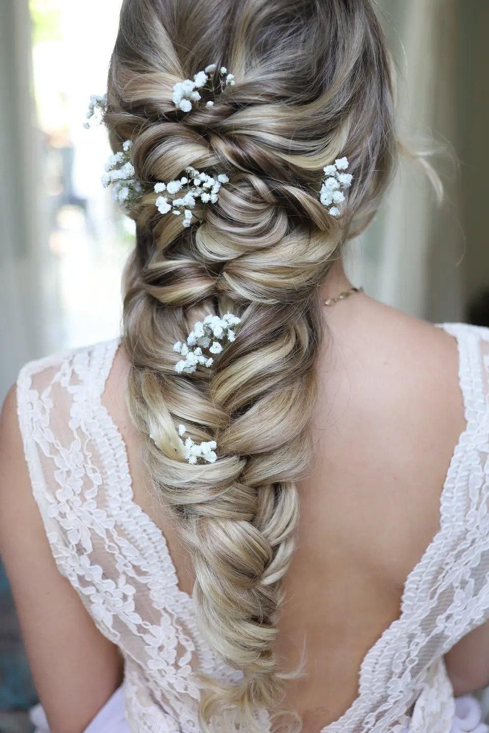 Ash Blonde Fishtail Braid with Baby's Breath Ash Blonde Fishtail Braid with Baby's Breath — Wedding Hairstyles 2027 with Weave