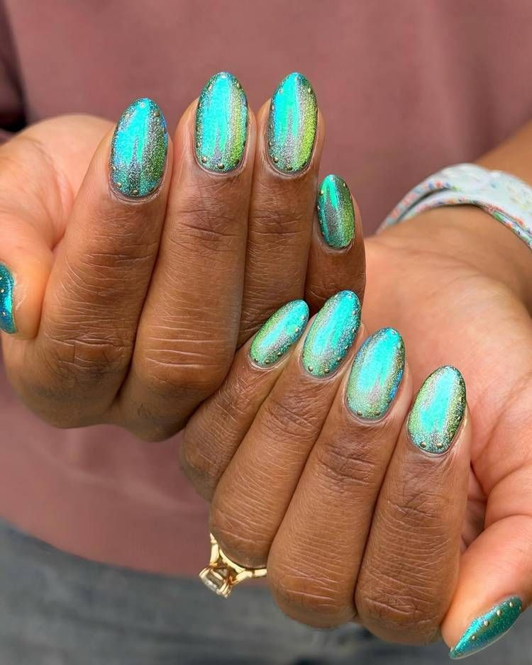 Vibrant Teal Lime Green Chrome Oval Nails Vibrant Teal Lime Green Chrome Oval Nails — Mermaid Nails 2027