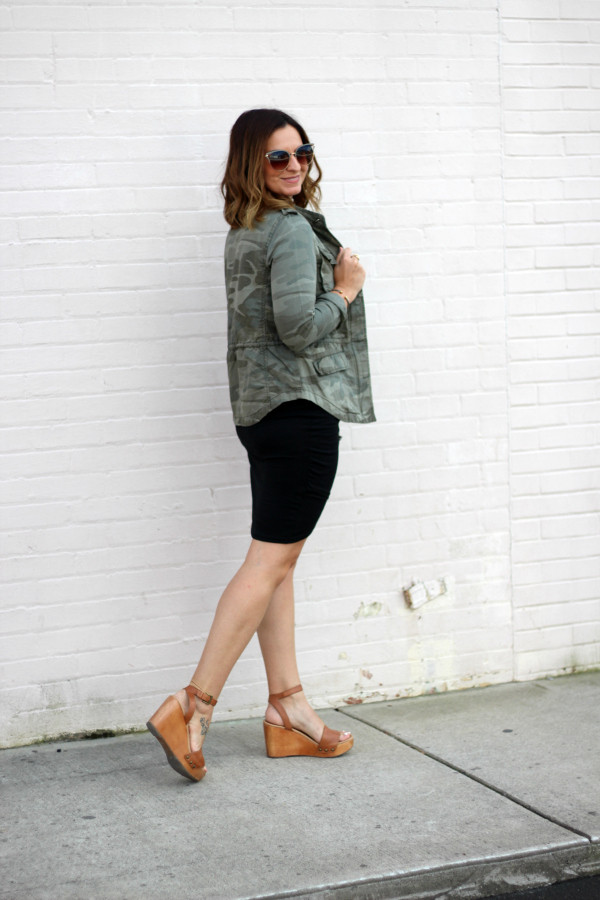 Camo Utility Jacket with Ruched Pencil Skirt Camo Utility Jacket with Ruched Pencil Skirt — Outfits 2027 for Mom Bod