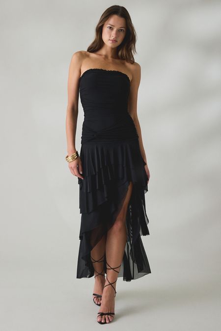Black Strapless Dress with Tiered Ruffled Hi-Low Skirt Black Strapless Dress with Tiered Ruffled Hi-Low Skirt — Ruffle Dresses 2027