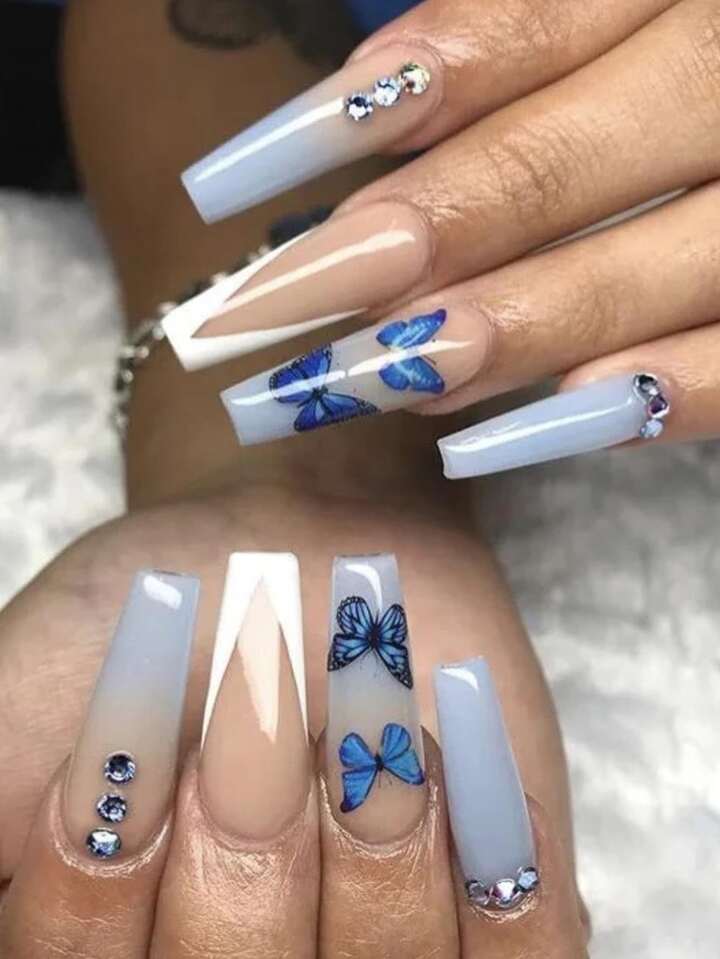 Blue Butterfly Rhinestone Nails Blue Butterfly Rhinestone Nails — Long Butterfly Coffin Nails 2027