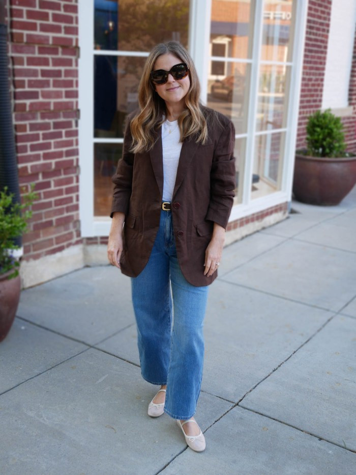 Brown Linen Blazer with White T-shirt and Wide-Leg Jeans Brown Linen Blazer with White T-shirt and Wide-Leg Jeans — Blouse Outfits 2027 with Blazer