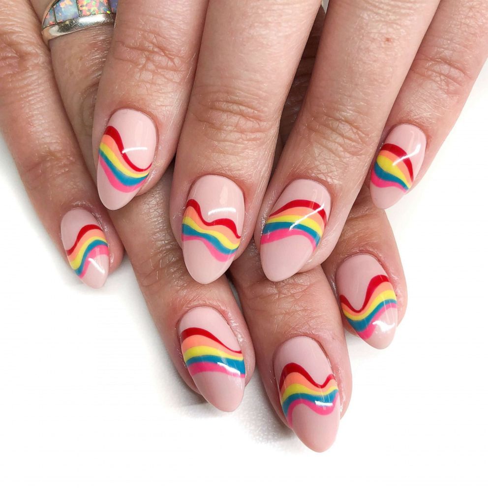 Wavy Rainbow Stripes On Nude Base Visual Idea Wavy Rainbow Stripes On Nude Base Visual Idea — Different Color Each Nail 2027