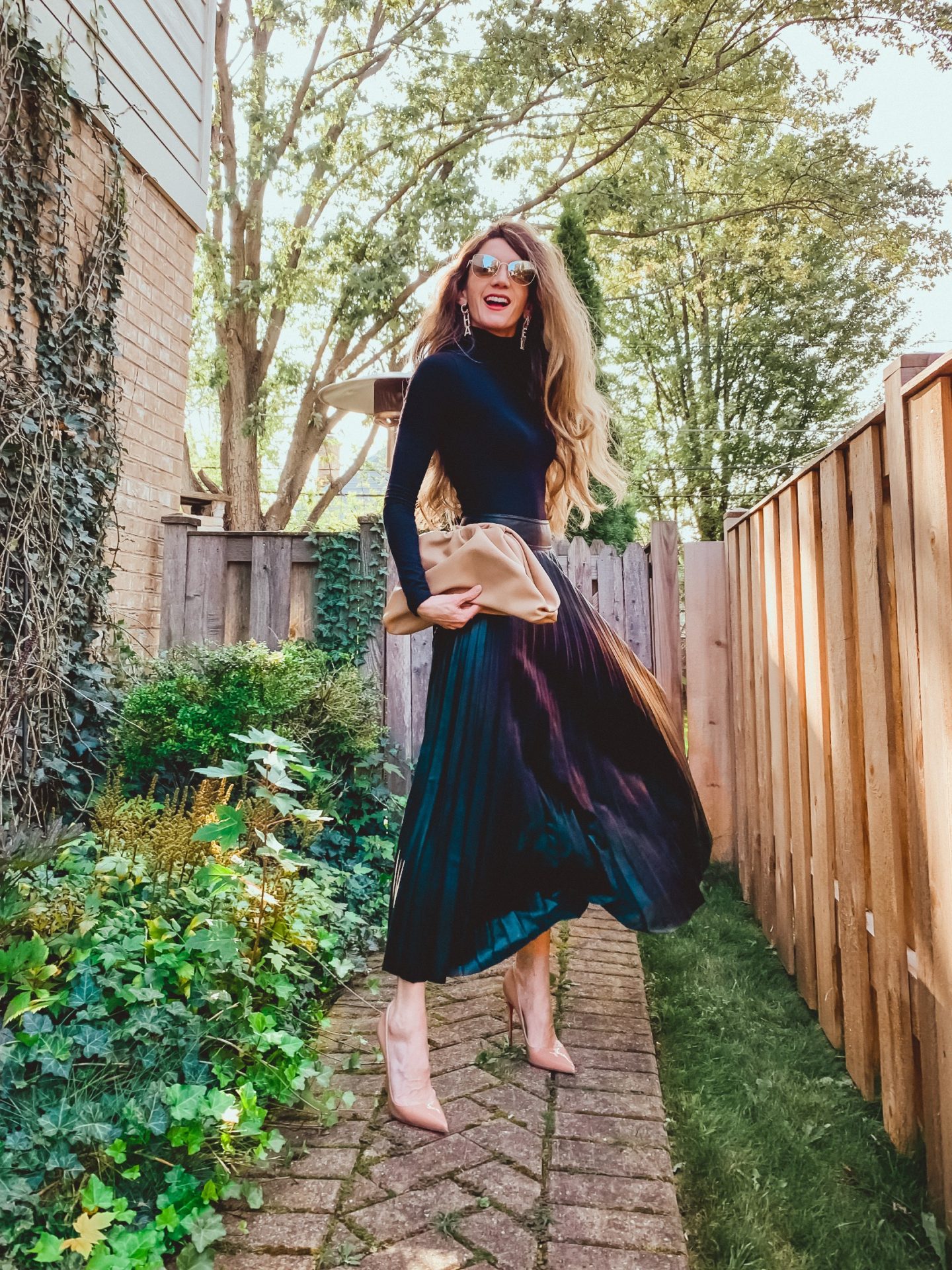 Iridescent Pleated Maxi Skirt with Black Turtleneck and Heels — Pleated Skirt Outfits 2027