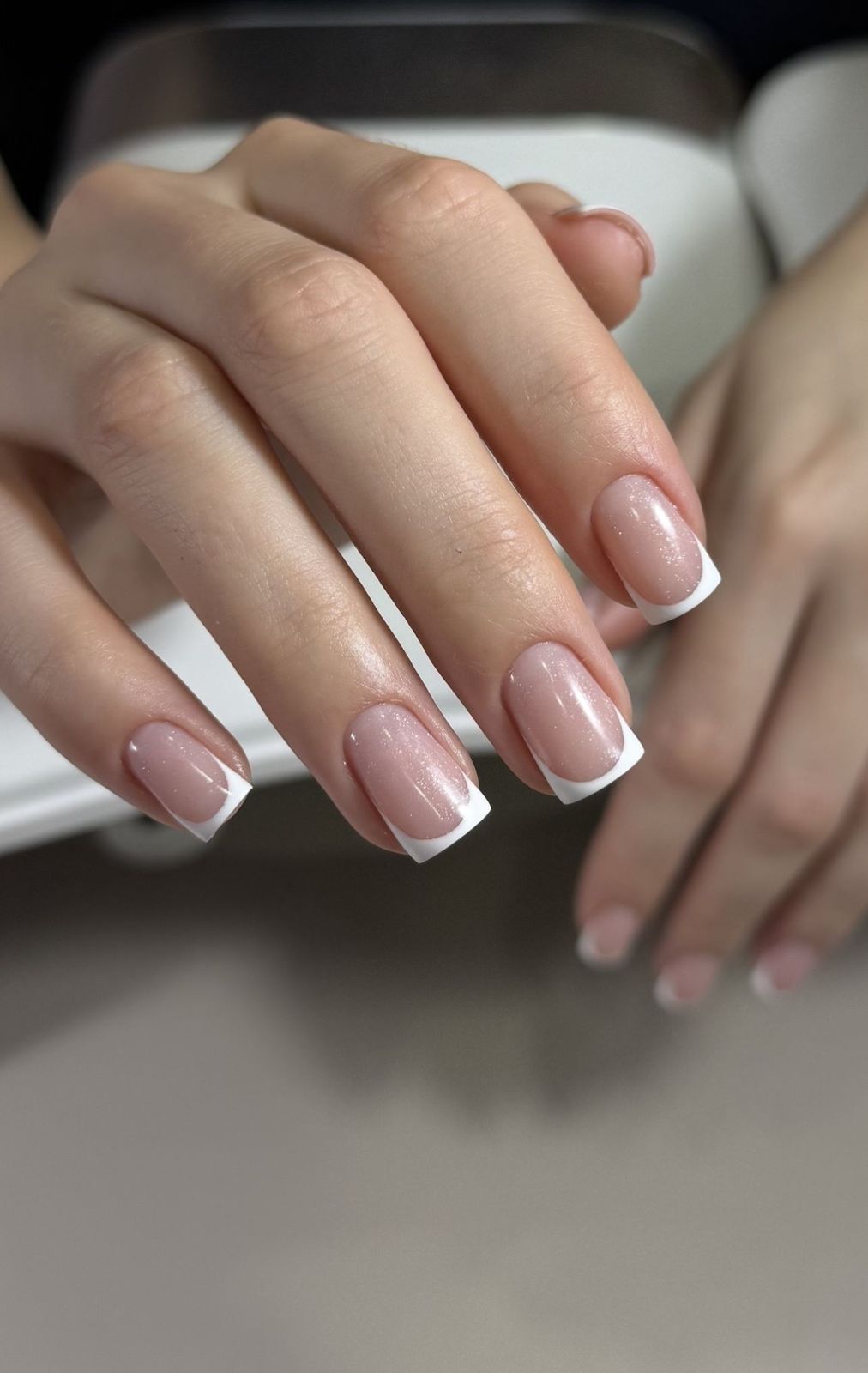 Medium Square-Oval Sheer Nude White French Medium Square-Oval Sheer Nude White French — Minimal Line Art Nails 2027
