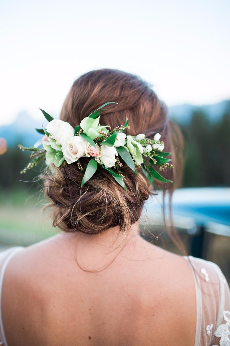 Dark Brown Messy Updo with Floral Crown — Flower Crown Hairstyles 2027