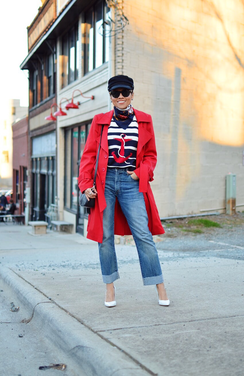Anchor Motif Sweater and Red Trench Coat for a Bold Nautical Statement Anchor Motif Sweater and Red Trench Coat for a Bold Nautical Statement — Nautical Outfits 2027