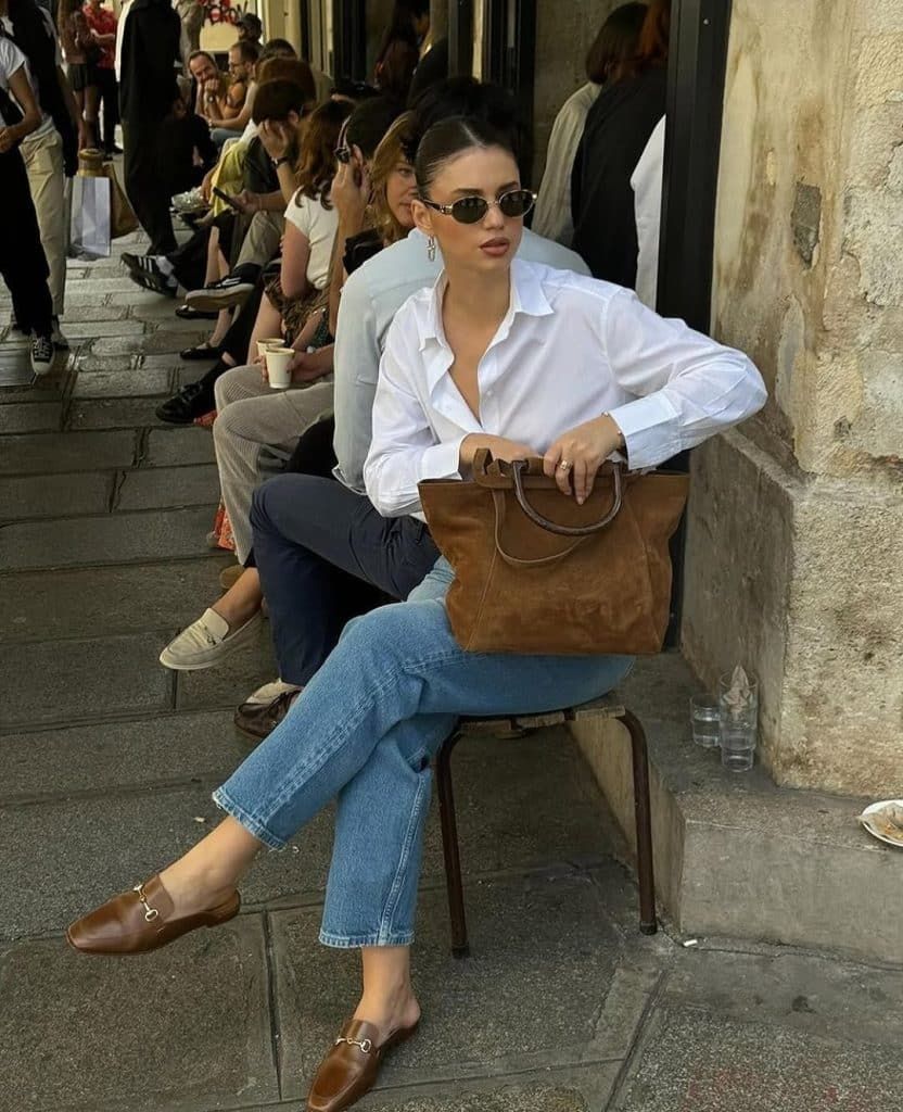Crisp White Button-Down and Denim With Suede Tote — Modern Heirloom Outfits 2027