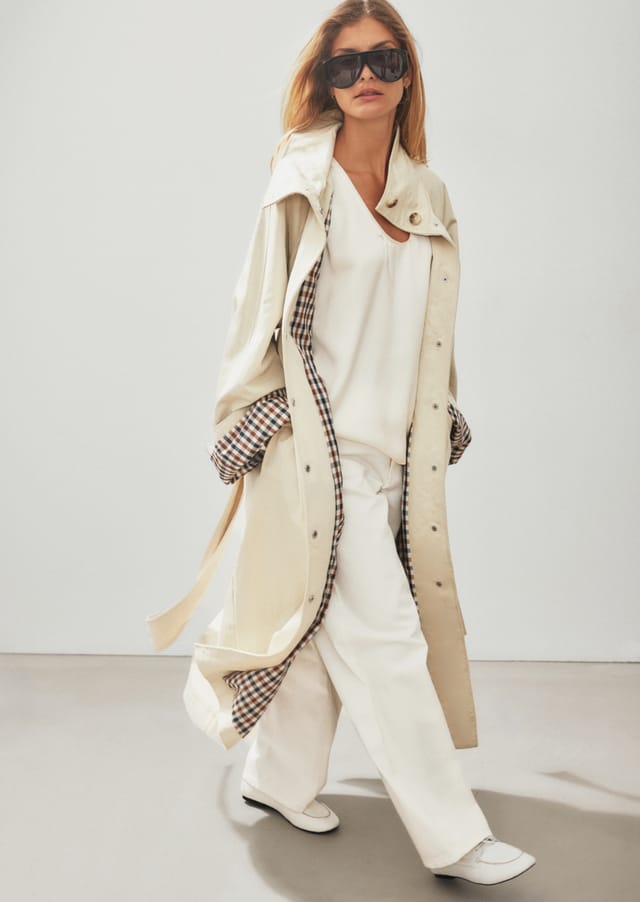 Cream Trench Coat with Plaid Lining and Wide-Leg Trousers — Spring Outfits 2027 with Trench Coat