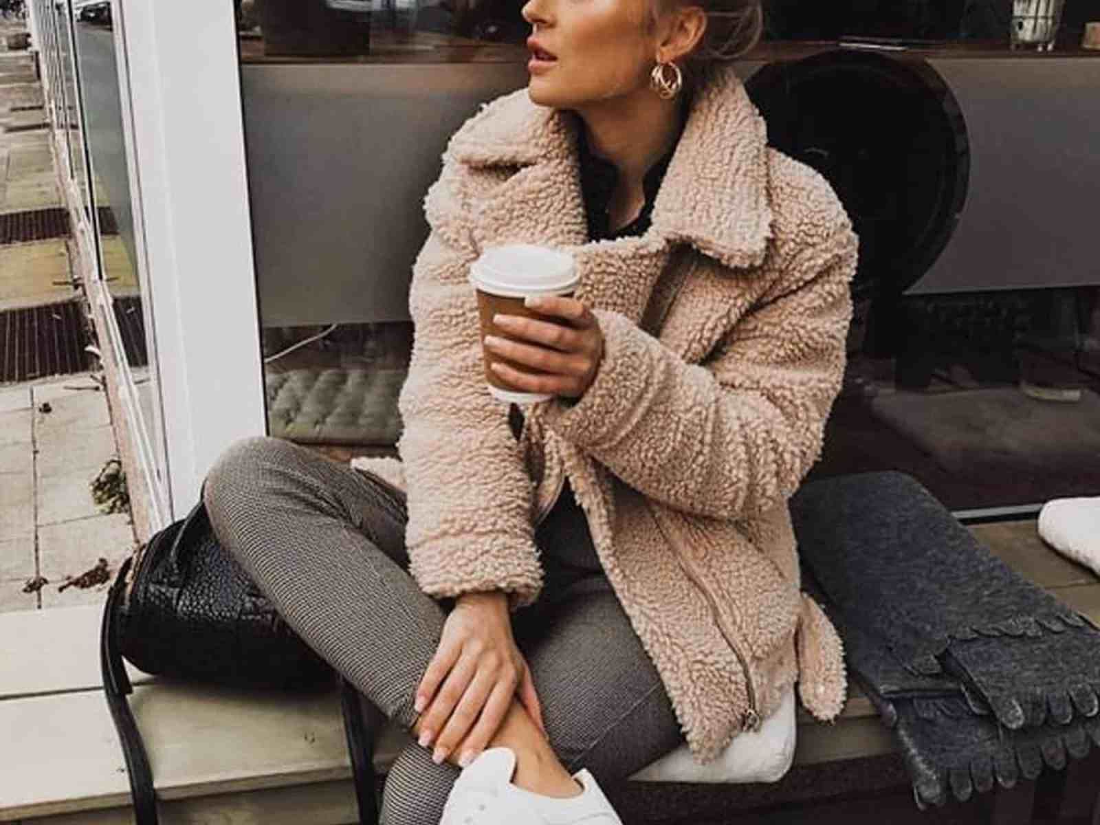 Cozy Teddy Coat with Patterned Pants and White Sneakers Cozy Teddy Coat with Patterned Pants and White Sneakers — Winter Outfits Warm Climate 2027