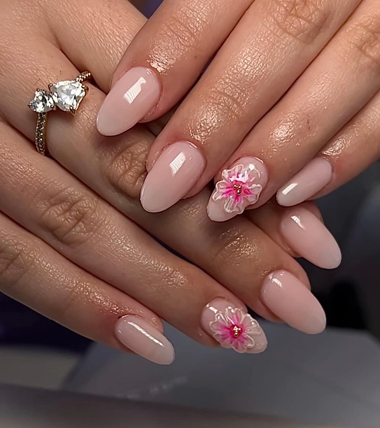 Sheer Pale Pink with 3D Floral Embellishments — Floral Gel Nails 2027