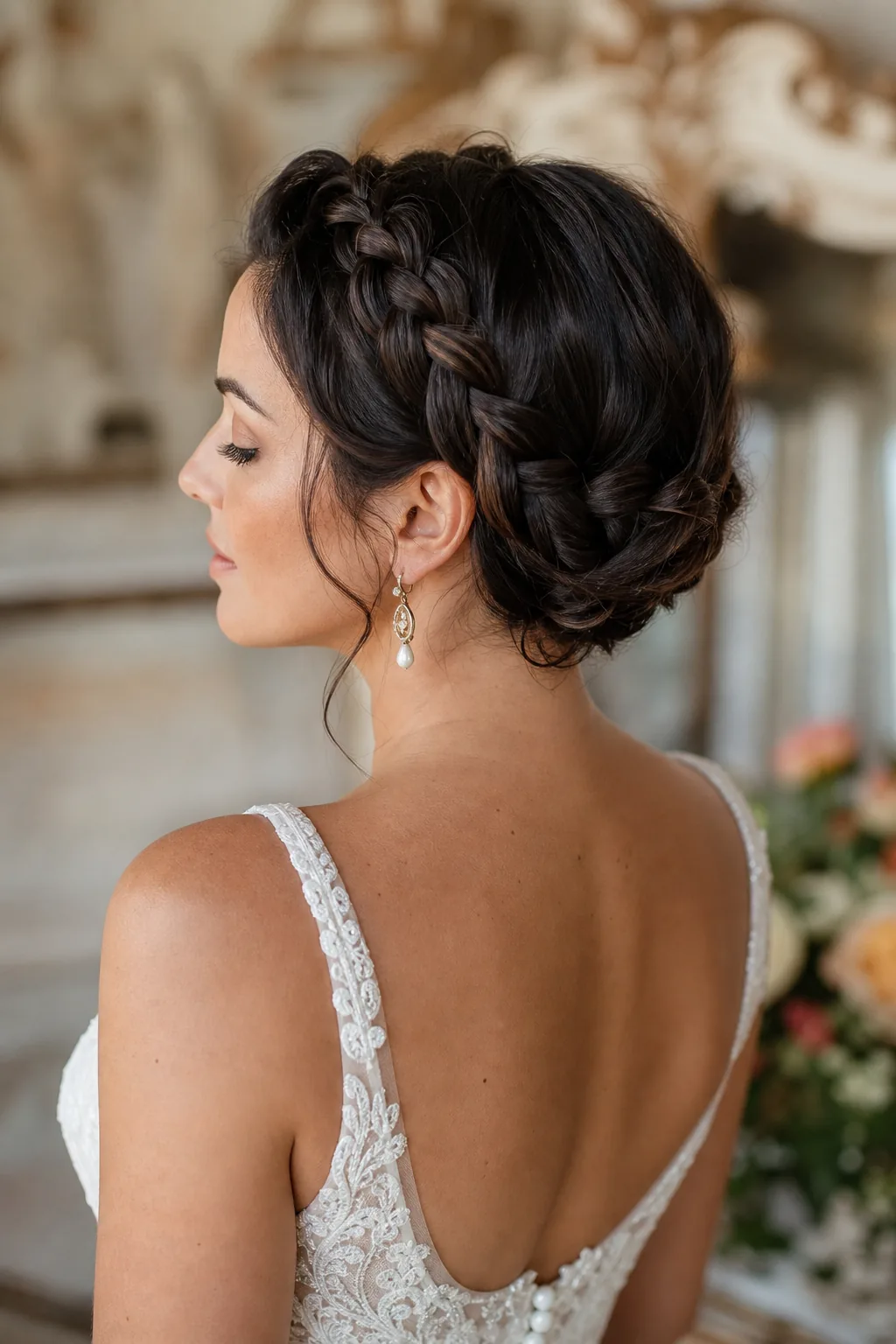 Mid-Back Dark Brown Braided Crown Updo — Beach Wedding Hair 2027