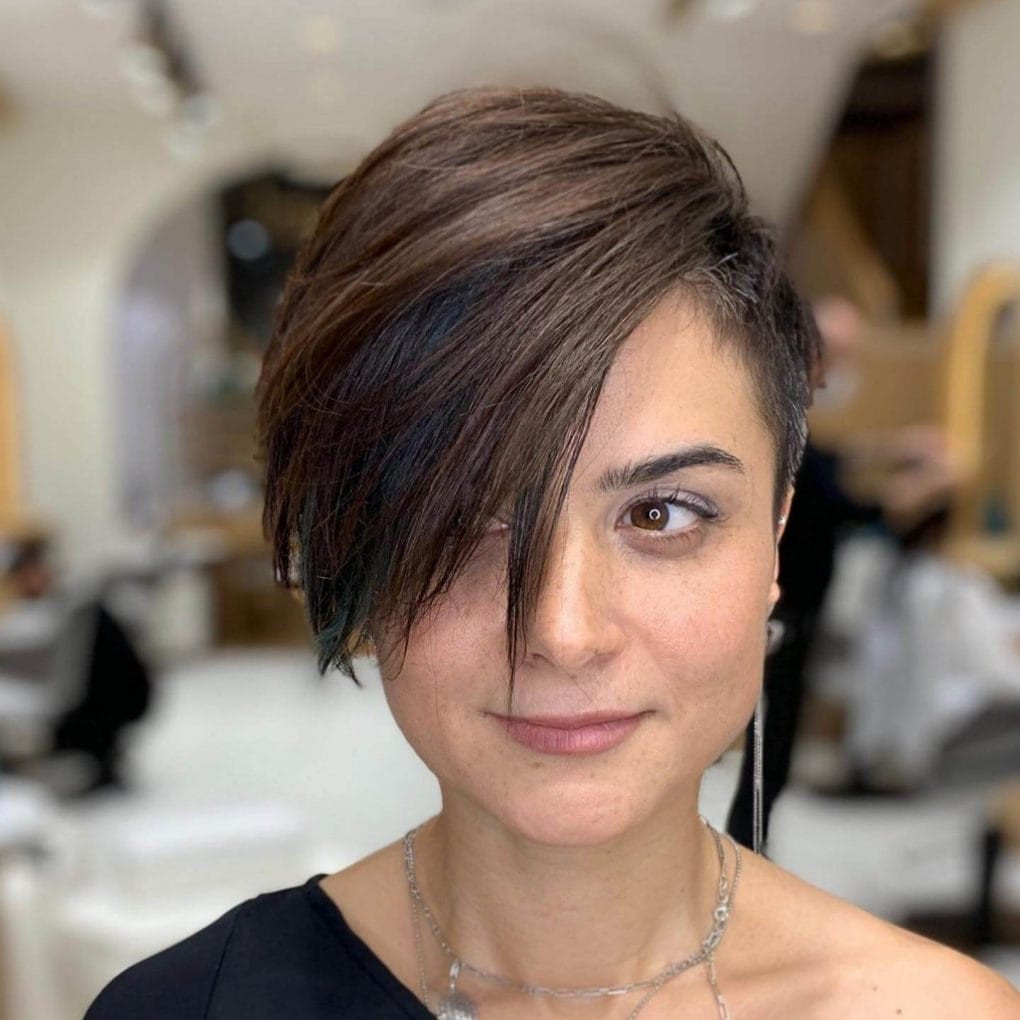 Dark Brown Pixie With Teal Highlights Dark Brown Pixie With Teal Highlights — Side Swept Pixie 2027