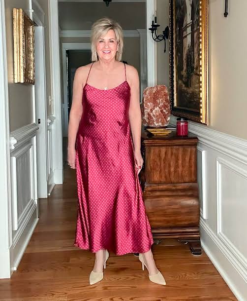 Red Satin Slip Dress with Pink Polka Dot Pattern Red Satin Slip Dress with Pink Polka Dot Pattern — Date Night Outfits 2027 for Women Over 50