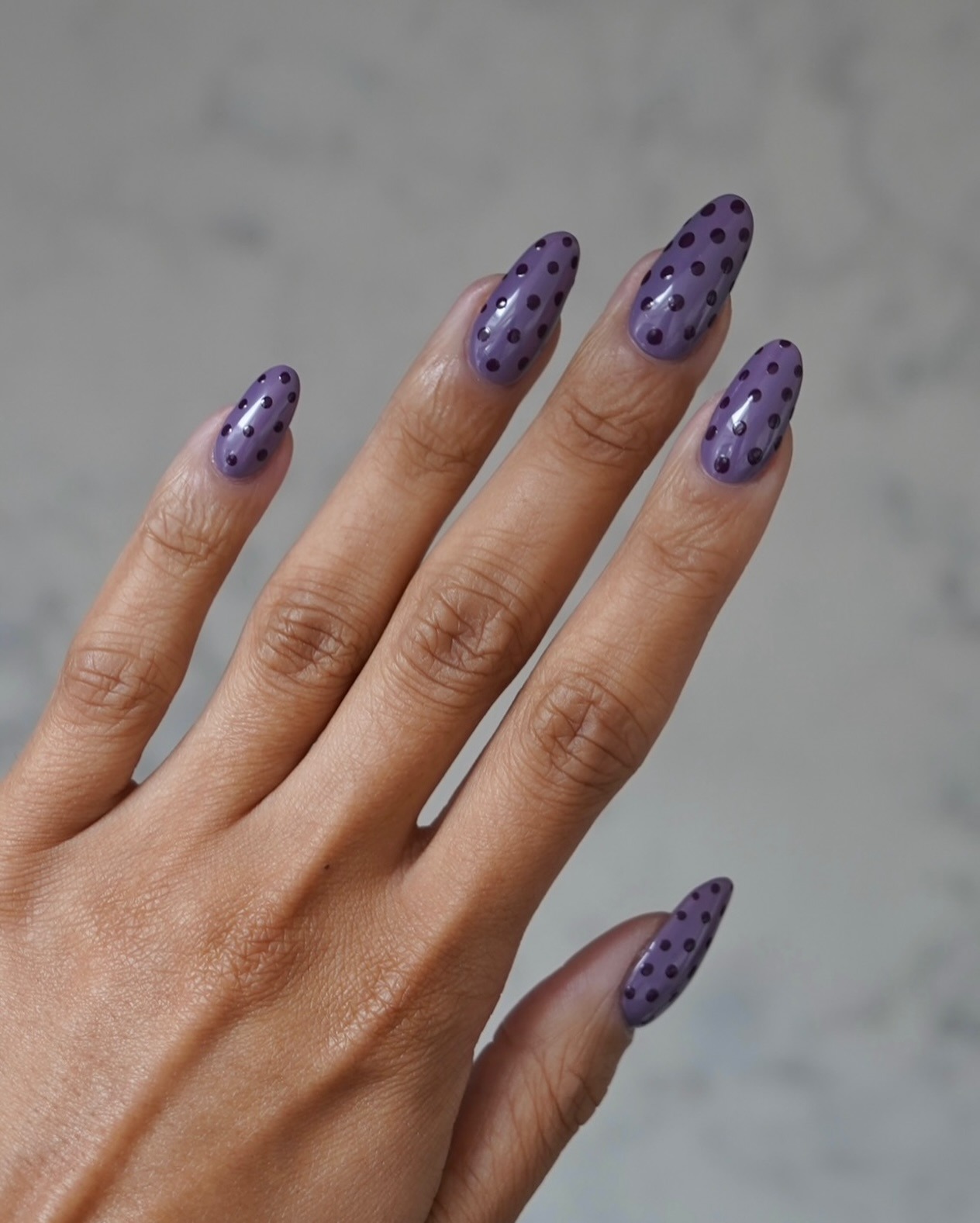 Medium Almond Monochromatic Purple Dots Medium Almond Monochromatic Purple Dots — Polka Dot Nails 2027