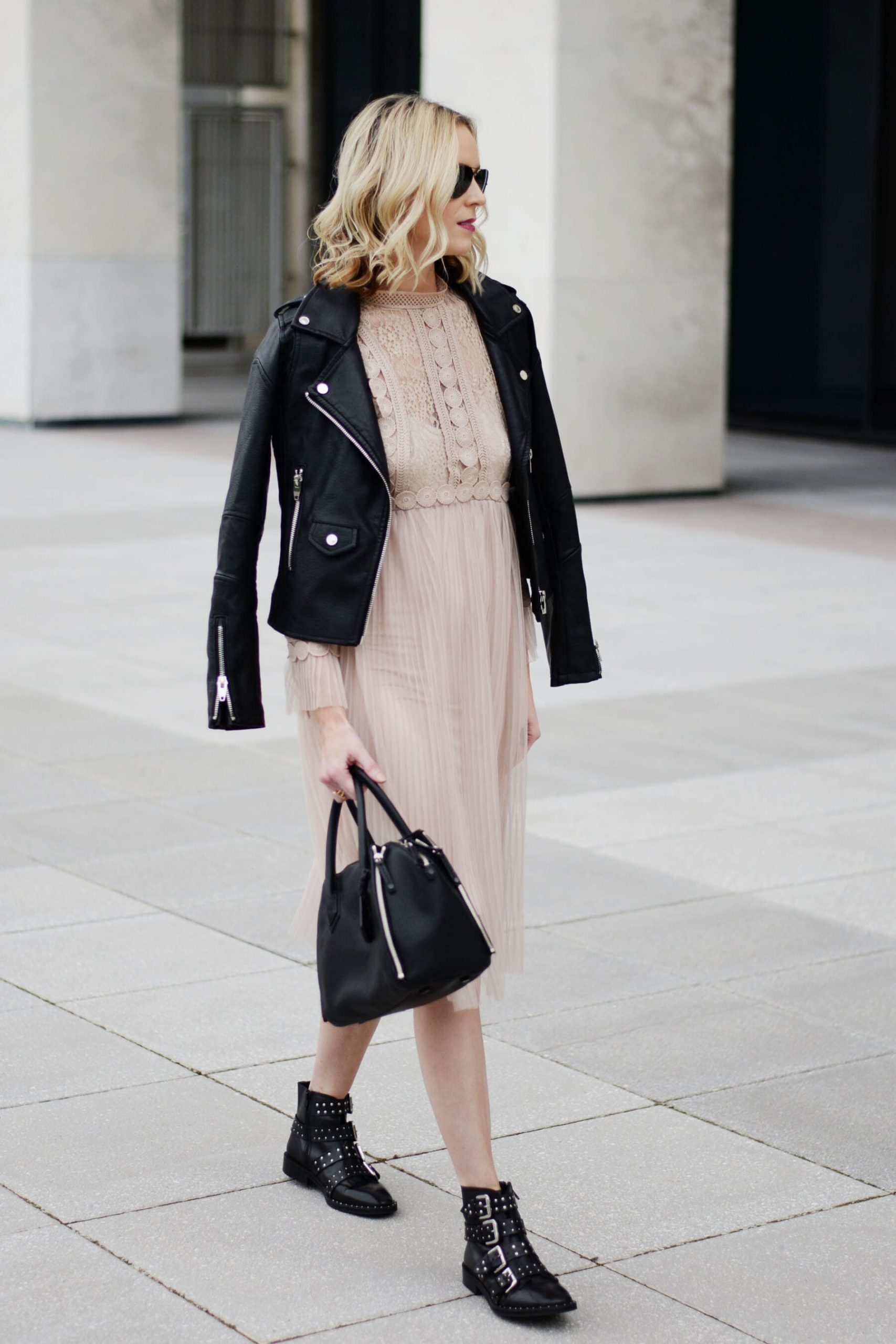 Chic Layering: Leather Jacket with Sheer Tulle Midi Dress Chic Layering: Leather Jacket with Sheer Tulle Midi Dress — Dress 2027 with Leather Jacket Outfit