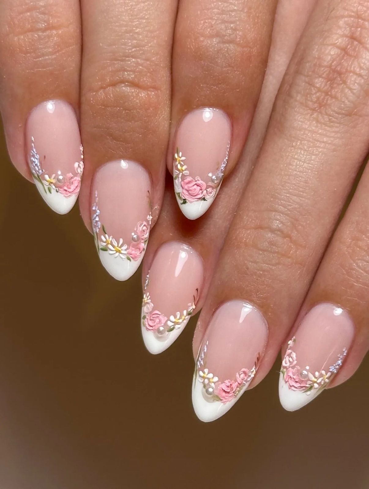 Sheer Pink French with Rose Floral Tips — Floral Wedding Nails 2027
