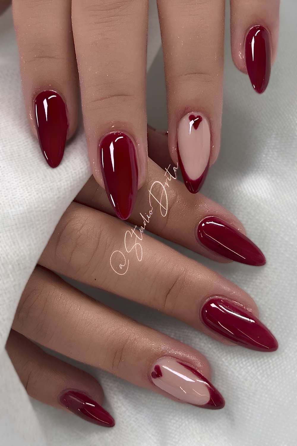 Heart Detail Nude Red French Long Stilettos Heart Detail Nude Red French Long Stilettos — Cherry Red Nails 2027