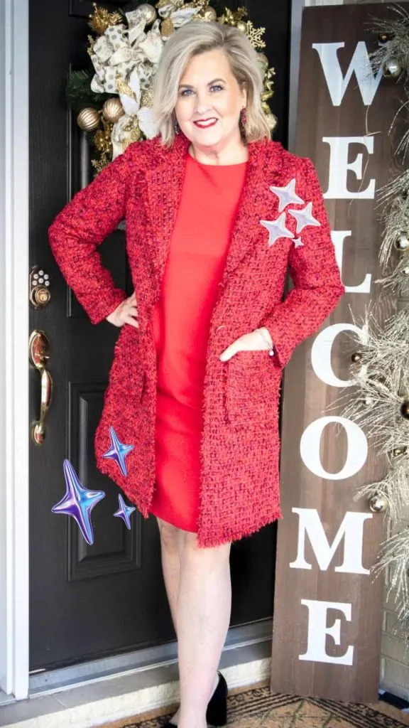 Festive Red Tweed Coat and Dress for a Birthday Party — 40th Birthday Outfits 2027