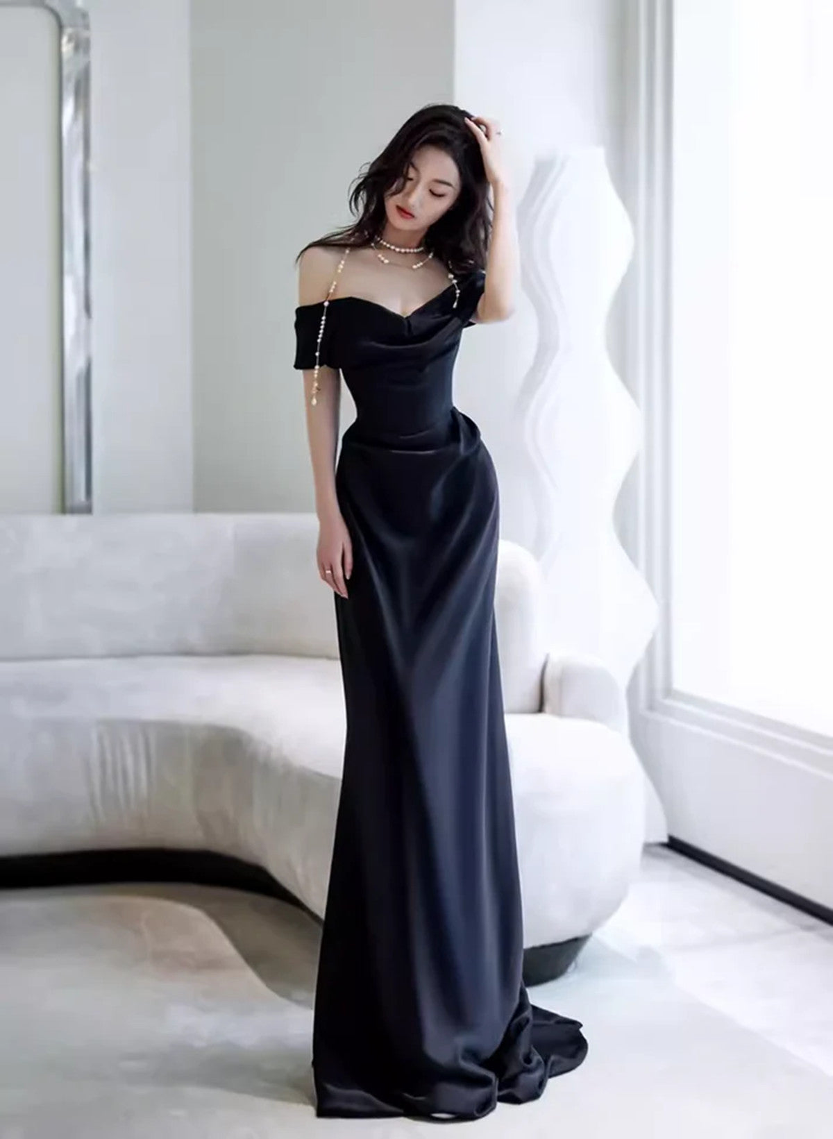 Off-Shoulder Satin Column Dress with Pearl Jewelry Off-Shoulder Satin Column Dress with Pearl Jewelry — Black Tie Dresses 2027