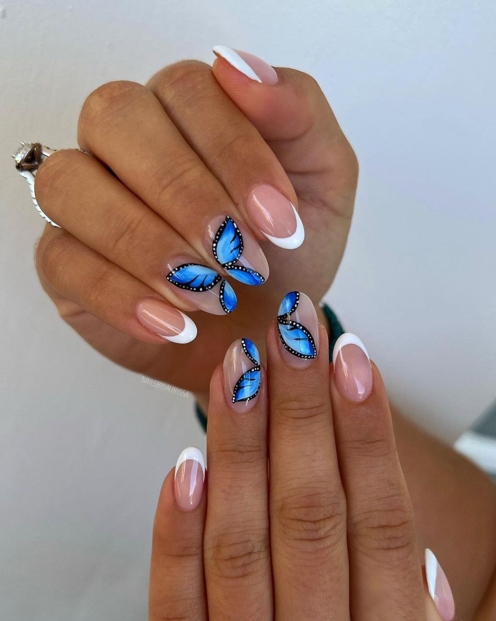 Nude French Tips Blue Butterfly Accents Nude French Tips Blue Butterfly Accents — Short Butterfly Round Nails 2027