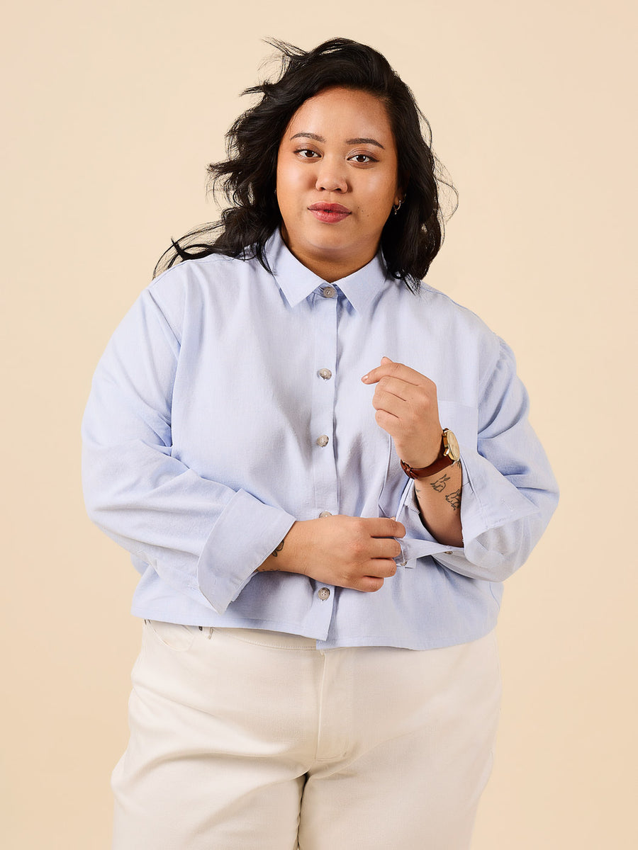 Light Blue Cotton Shirt with Cream Pants Light Blue Cotton Shirt with Cream Pants — Button Up Dress 2027