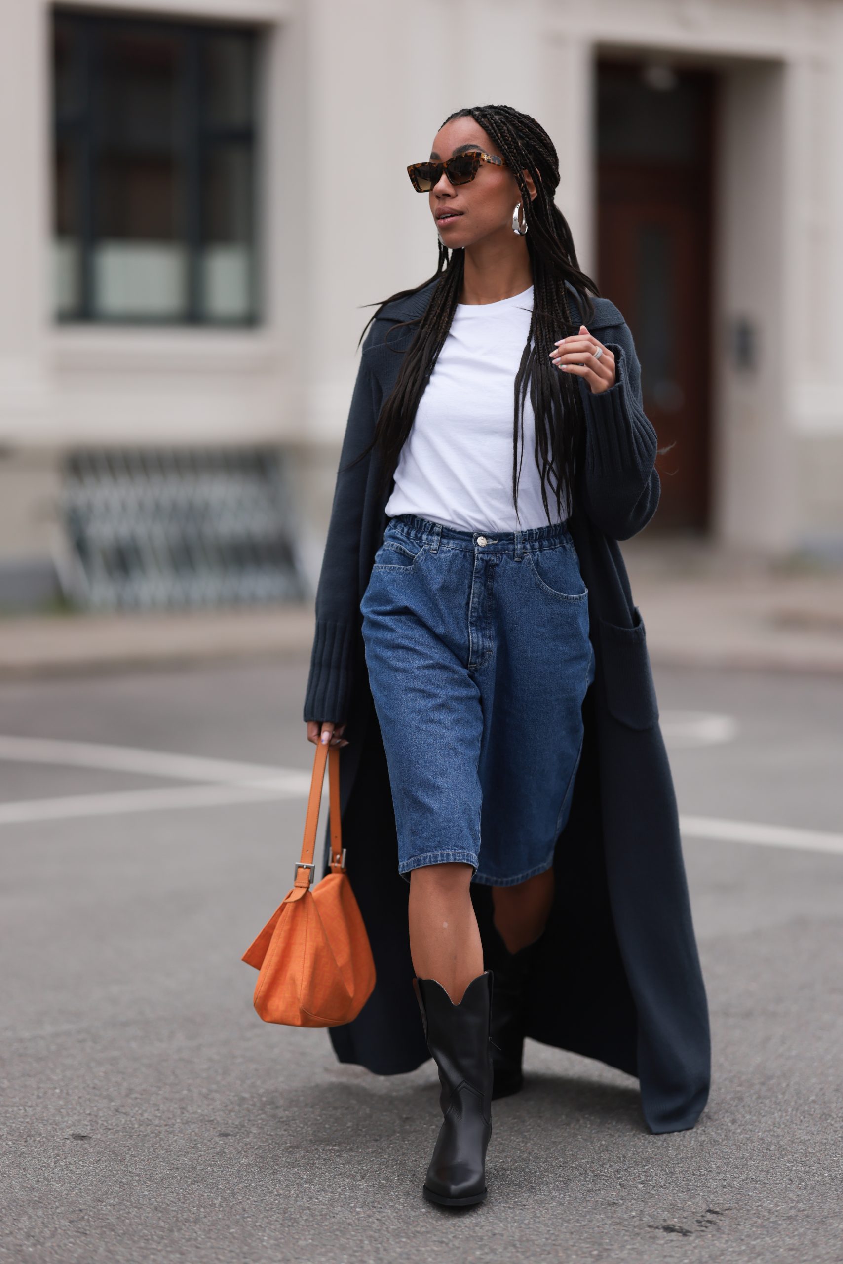 Casual Long Knit Cardigan Over Denim Shorts and Cowboy Boots — Winter Western Outfits 2027