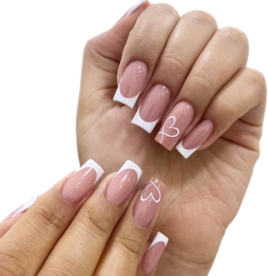 Short Square French with White Heart Accent Short Square French with White Heart Accent — Wedding Square Nails 2027