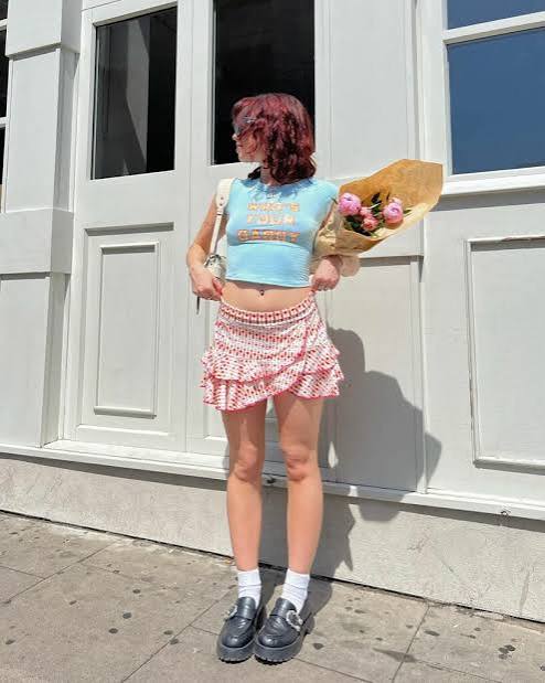 Graphic Crop Top with Ruffled Mini Skirt and Loafers — Y2K Outfits 2027