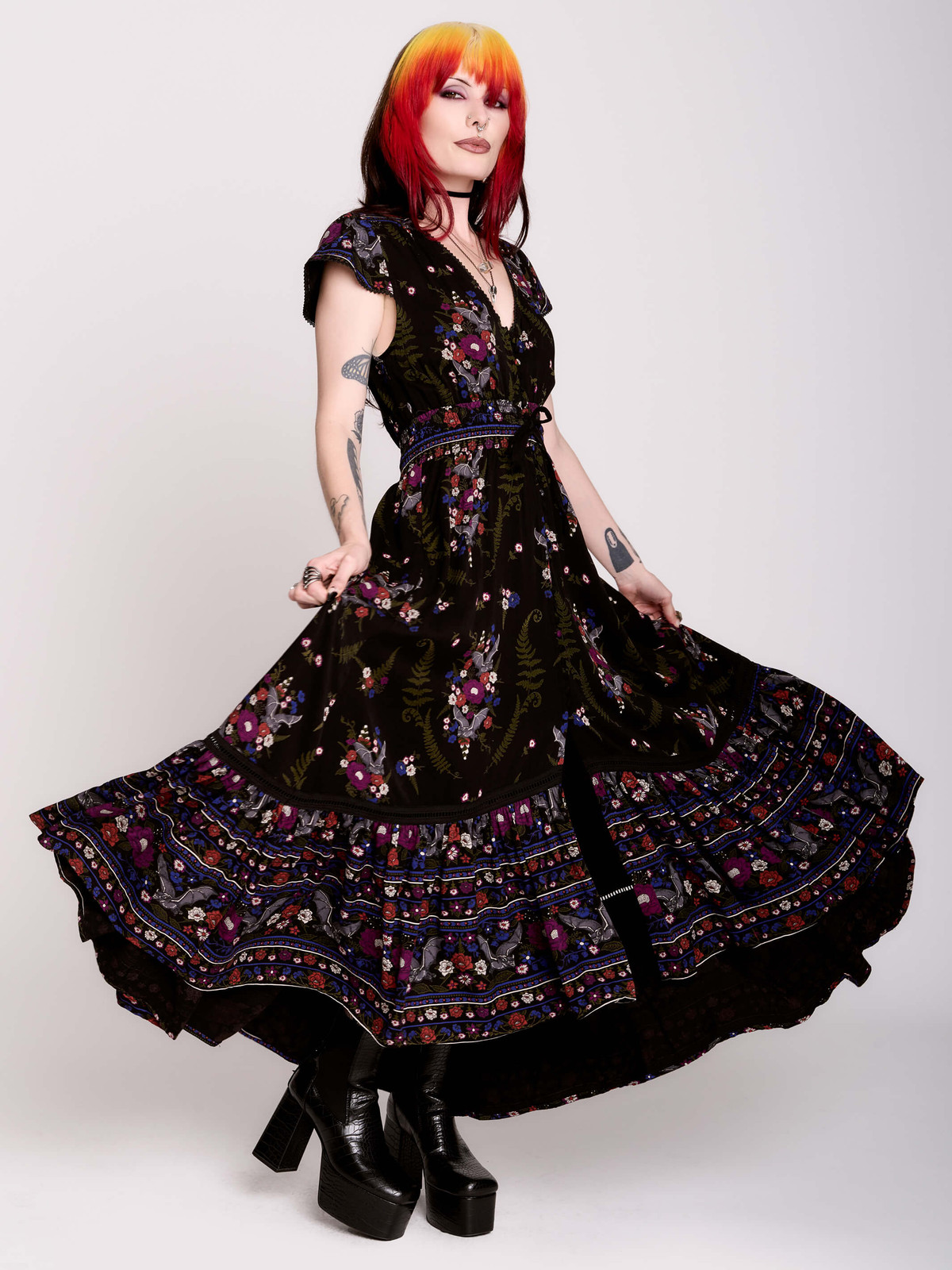 Bohemian Maxi: Floral Print Dress with Platform Boots Bohemian Maxi: Floral Print Dress with Platform Boots — Fairy Grunge Outfits 2027