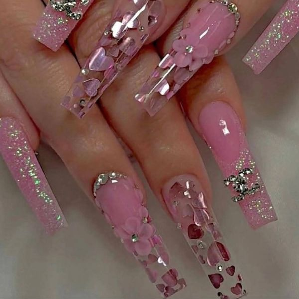 Maximalist Pink Floral Charm Coffin Nails Maximalist Pink Floral Charm Coffin Nails — Long Nails 2027