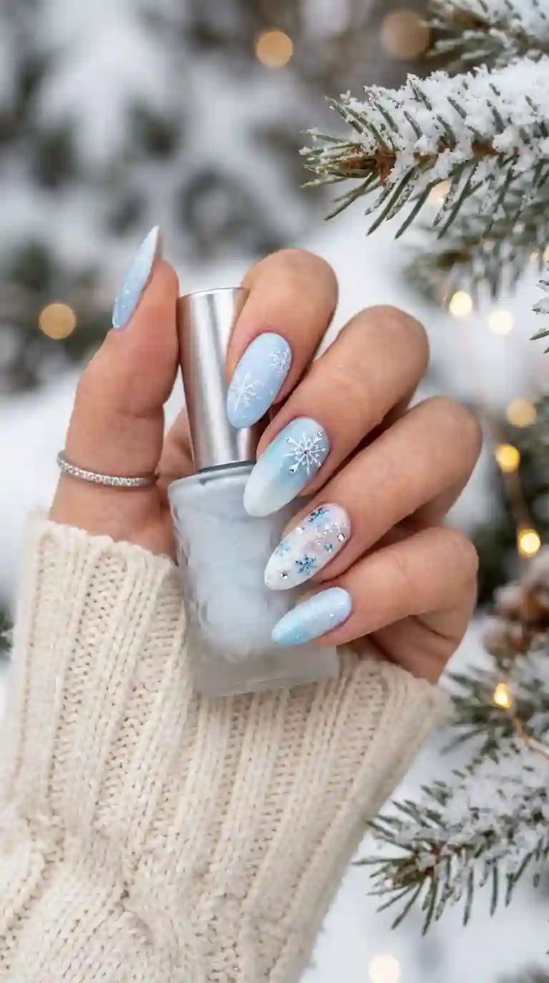 Light Blue White Gradient Snowflake Almonds Light Blue White Gradient Snowflake Almonds — Blue Christmas Nails 2026