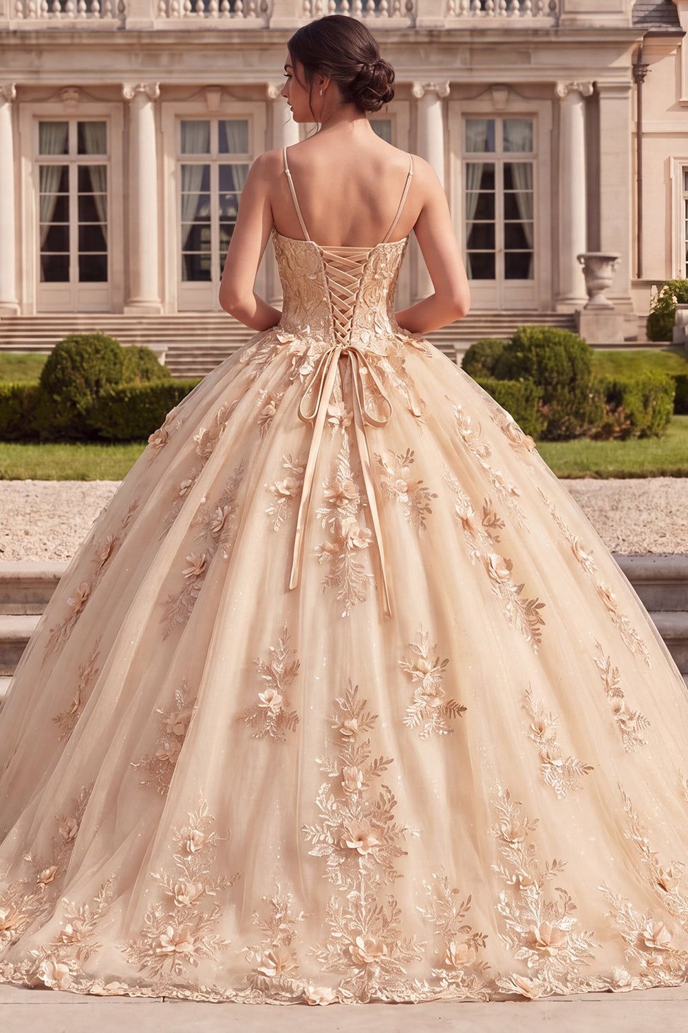 Champagne Spaghetti Strap Ball Gown with 3D Floral Appliqués — Champagne Quinceanera Dress 2027