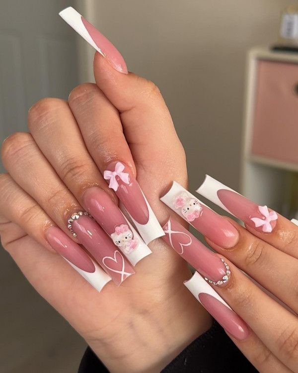 Dusty Rose French with 3D Hello Kitty Charms Dusty Rose French with 3D Hello Kitty Charms — French Hello Kitty Nails 2027