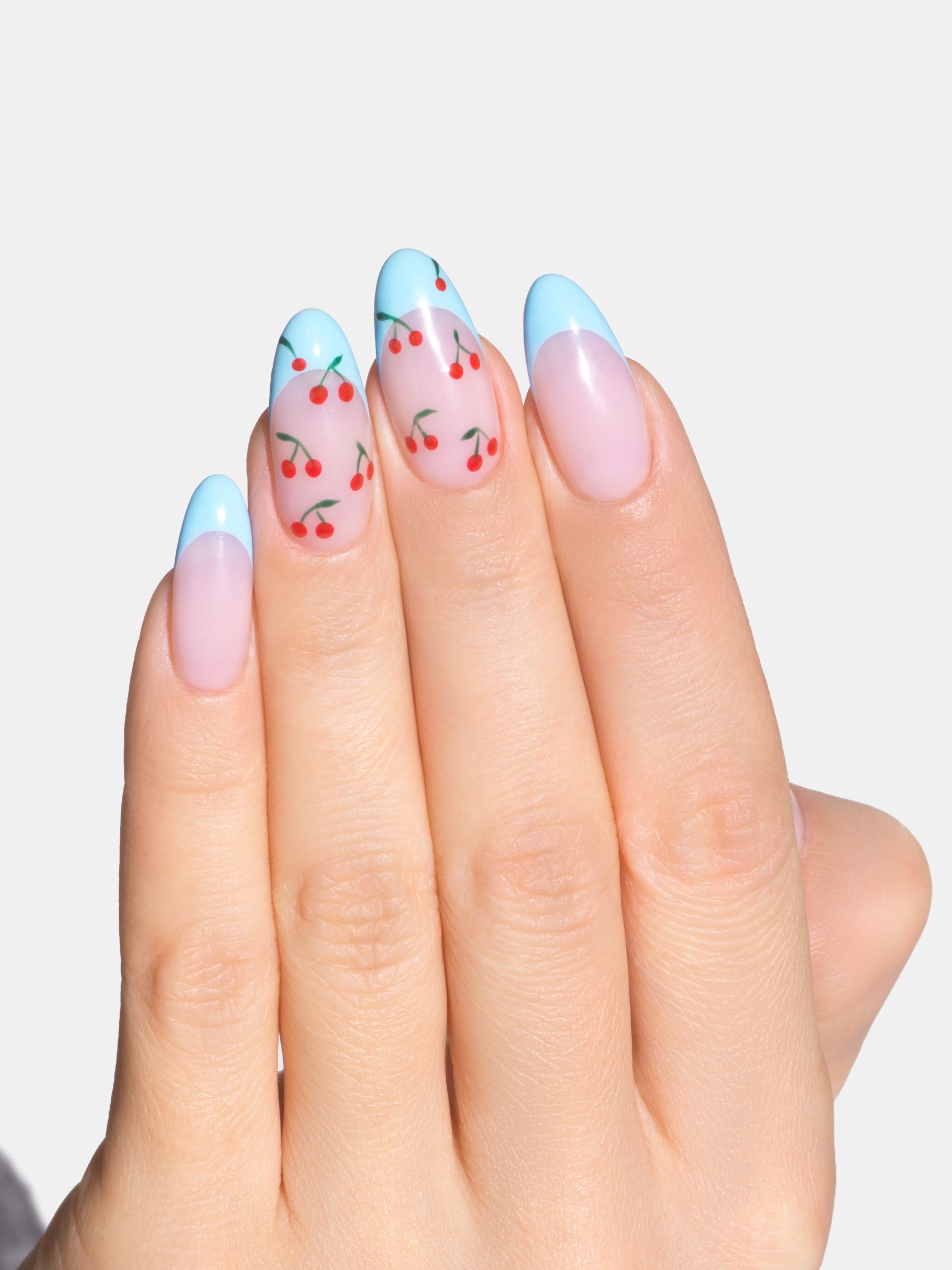 Sheer Pink with Blue Tips and Cherries Sheer Pink with Blue Tips and Cherries — Summer Nail Trends 2027