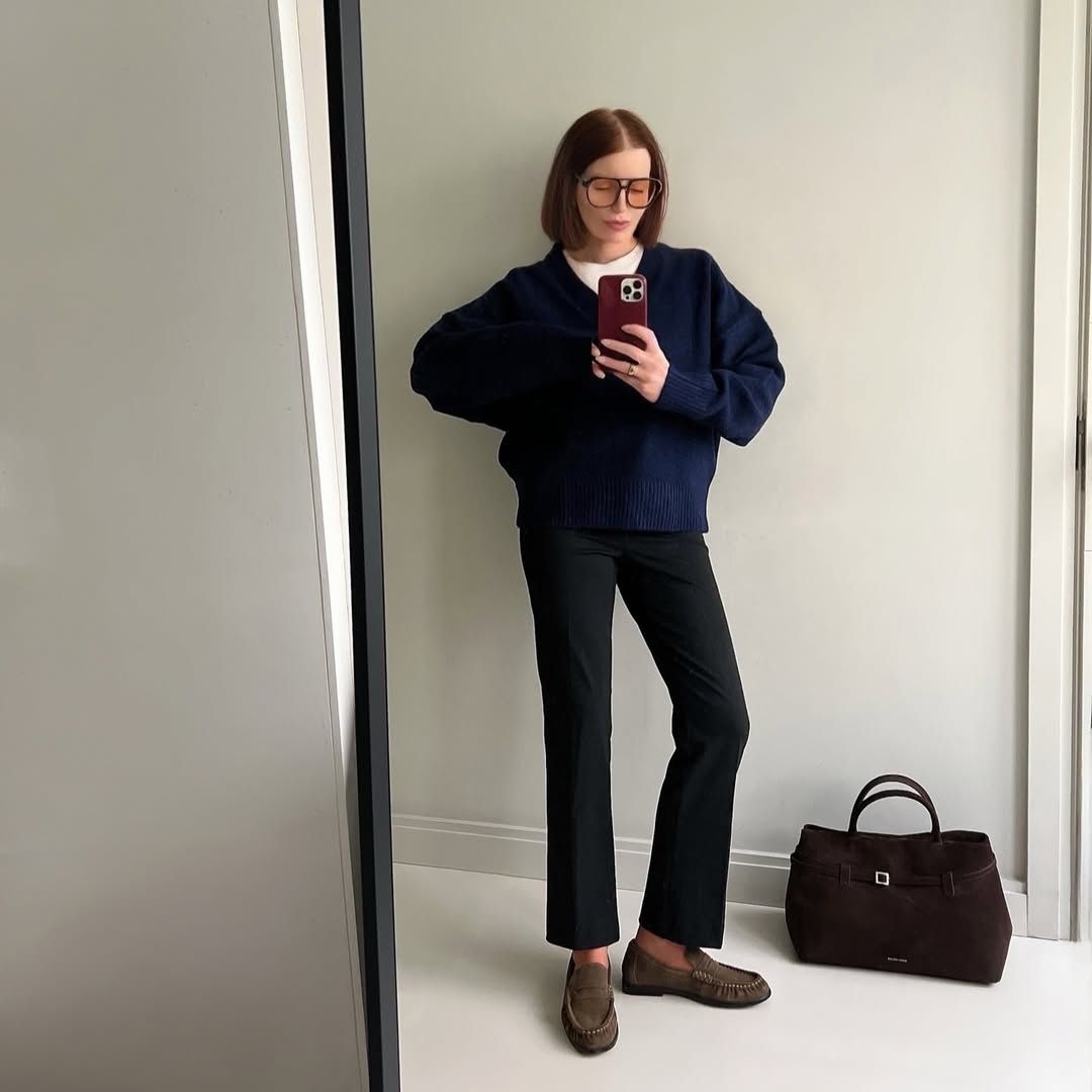 Brown Suede Loafers with Navy Sweater and Wide-Leg Trousers Brown Suede Loafers with Navy Sweater and Wide-Leg Trousers — Spring Outfits 2027 with Loafers