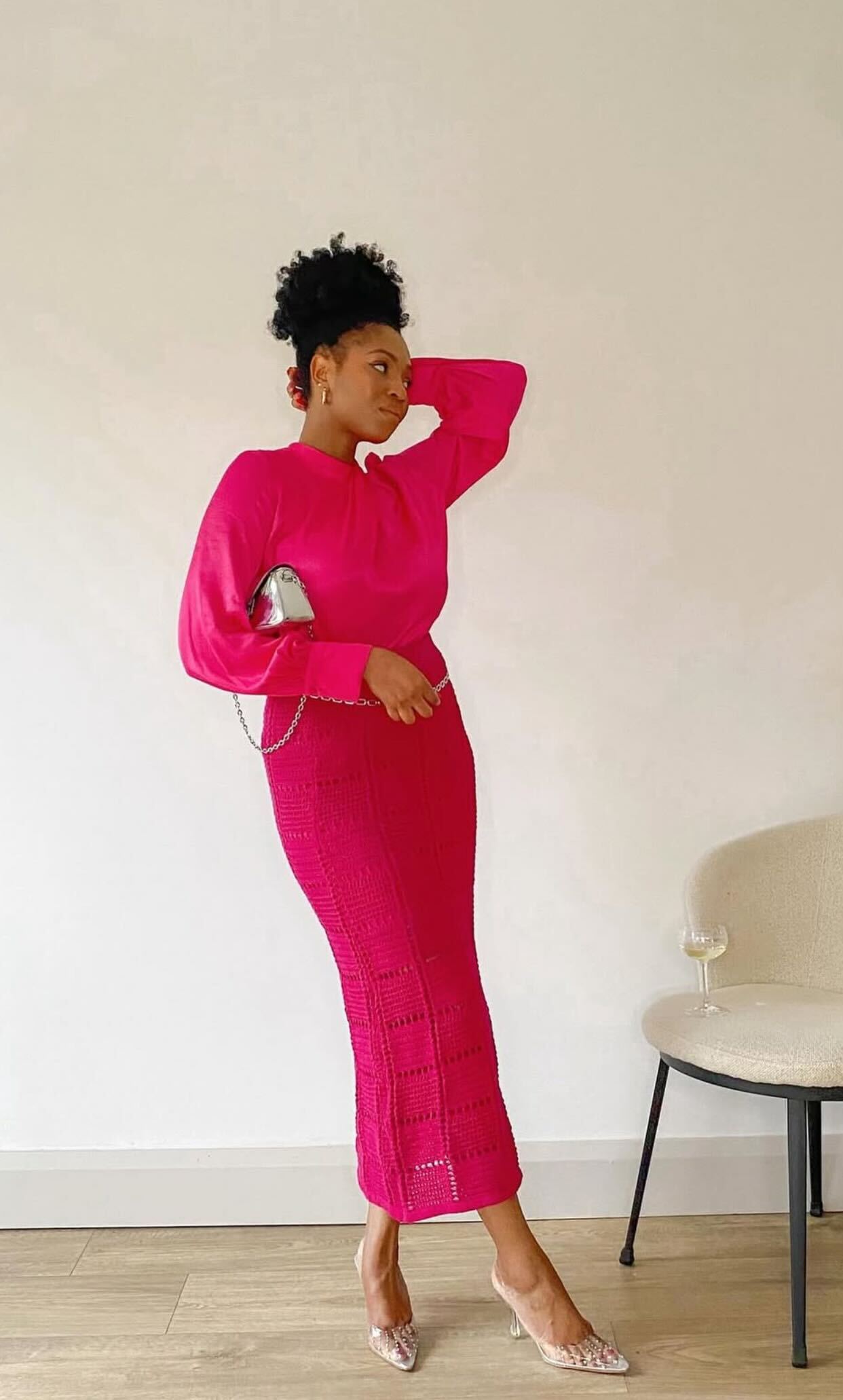 Vibrant Pink Satin Top with a Crochet Knit Midi Skirt — Pink Valentines Outfits 2027