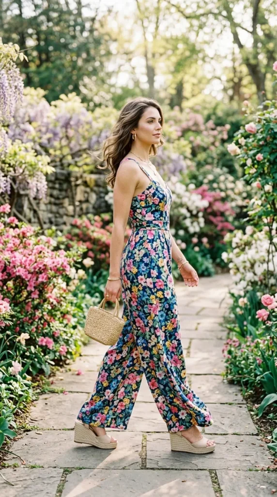Navy Floral Jumpsuit with Espadrille Wedges — Tall Women Outfits 2027