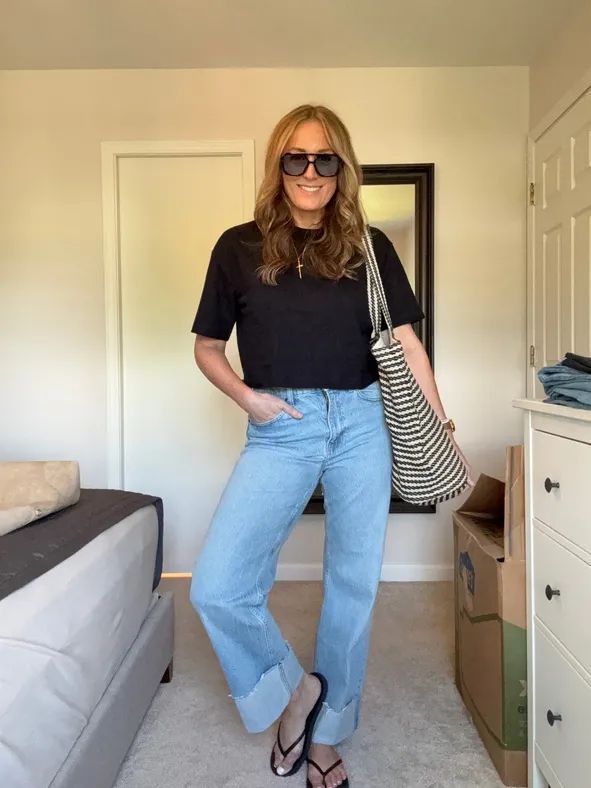 Black Cropped Tee with Cuffed Light Wash Jeans Black Cropped Tee with Cuffed Light Wash Jeans — Summer Everyday Outfits 2027
