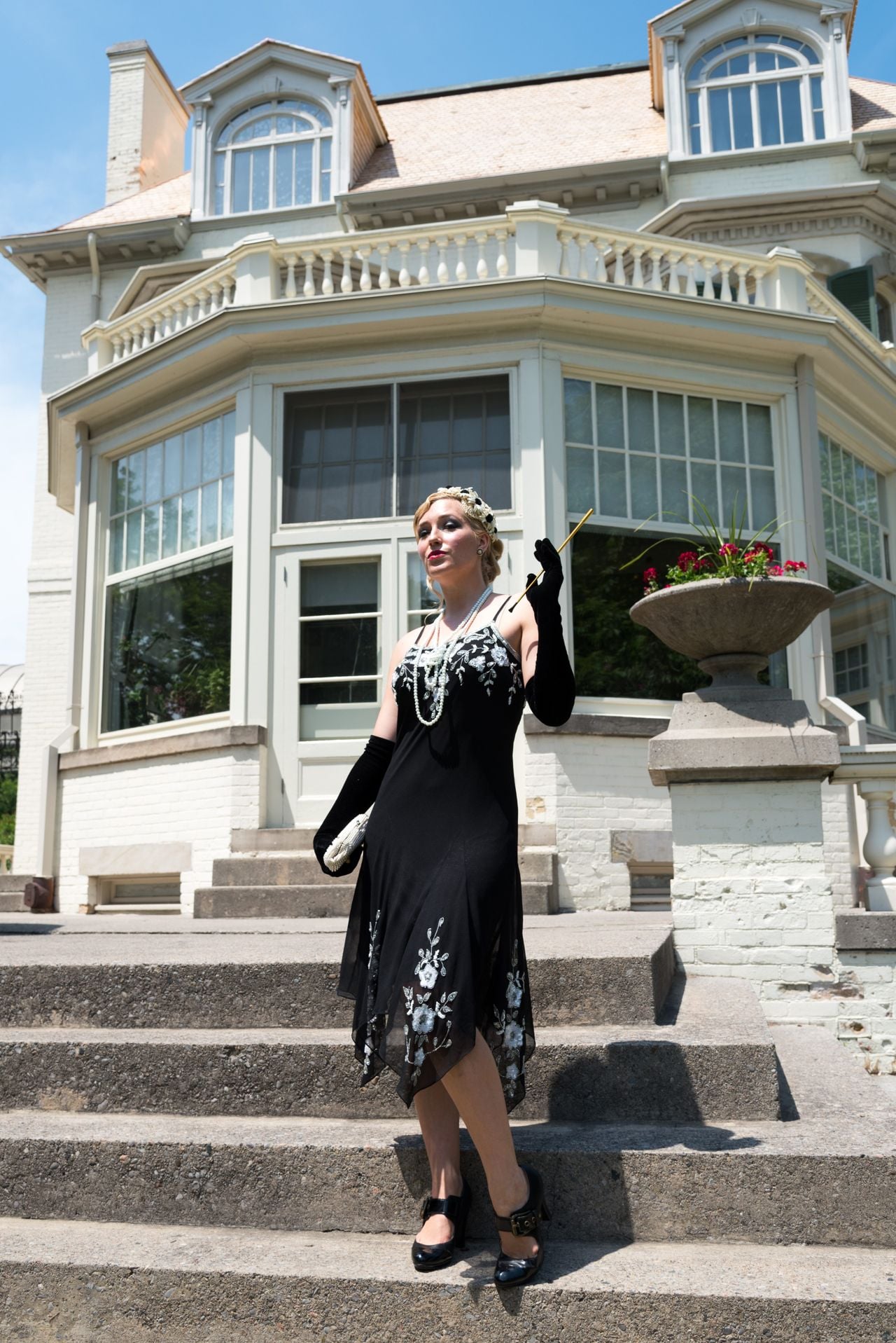 Black Flapper Dress with White Floral Embroidery and T-Strap Heels — Gatsby Outfits 2027