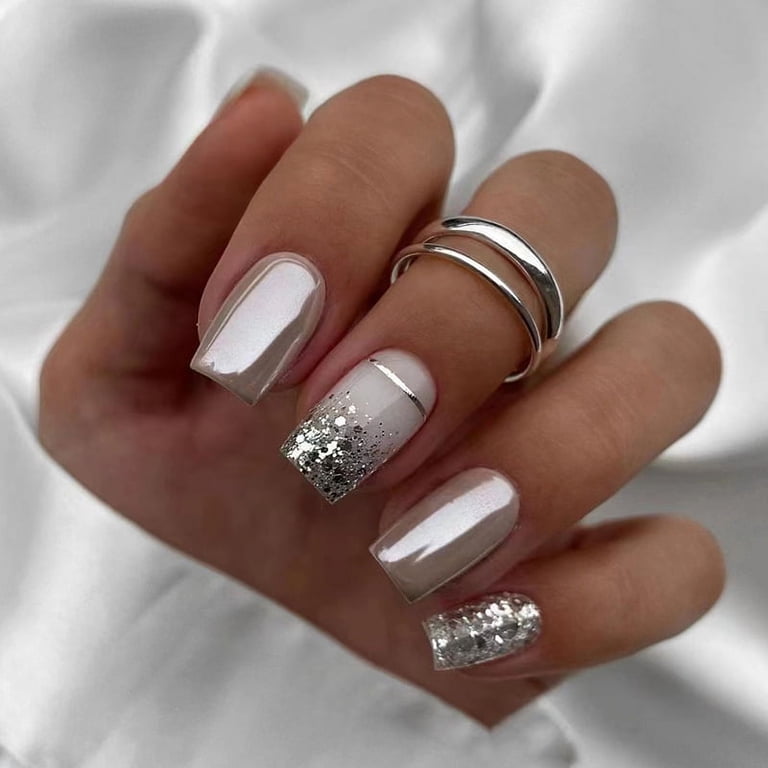 Pearlescent Beige with Silver Glitter Accents Pearlescent Beige with Silver Glitter Accents — Silver Nails 2027