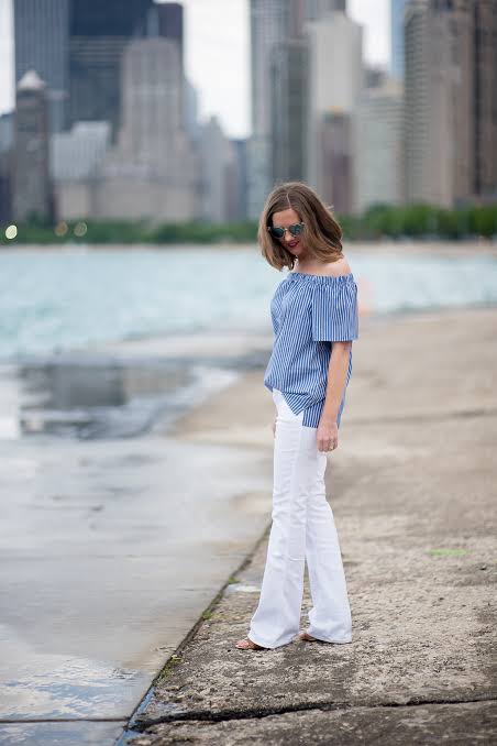 Blue and White Striped Off-Shoulder Top with White Flared Pants — Off the Shoulder Top Outfits 2027