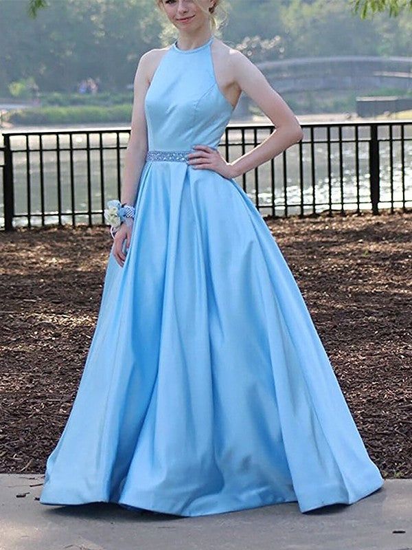 Light Blue Halter Neck Satin Dress with Beaded Belt Light Blue Halter Neck Satin Dress with Beaded Belt — Junior Prom Outfits 2027