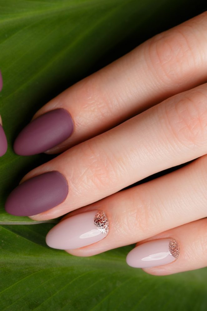 Matte Plum Glossy Pink Glitter Nails Matte Plum Glossy Pink Glitter Nails — Short Prom Nails 2027