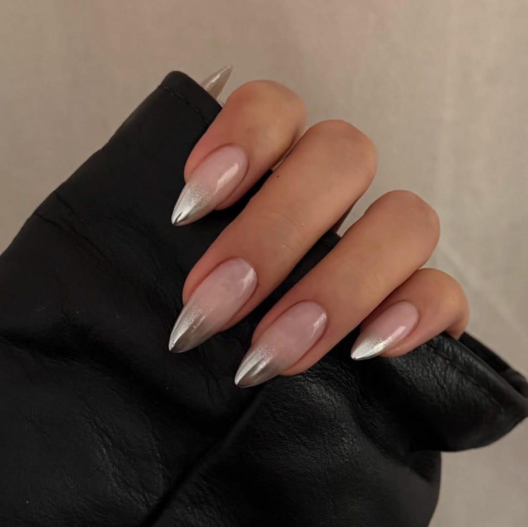 Sheer Pink Chrome Silver Tip Almonds Sheer Pink Chrome Silver Tip Almonds — Long Almond Nails 2027