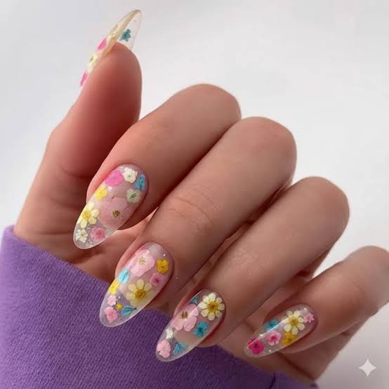 Clear Base With Multi-Colored Flowers Visual Idea Clear Base With Multi-Colored Flowers Visual Idea — Flower Nails 2027