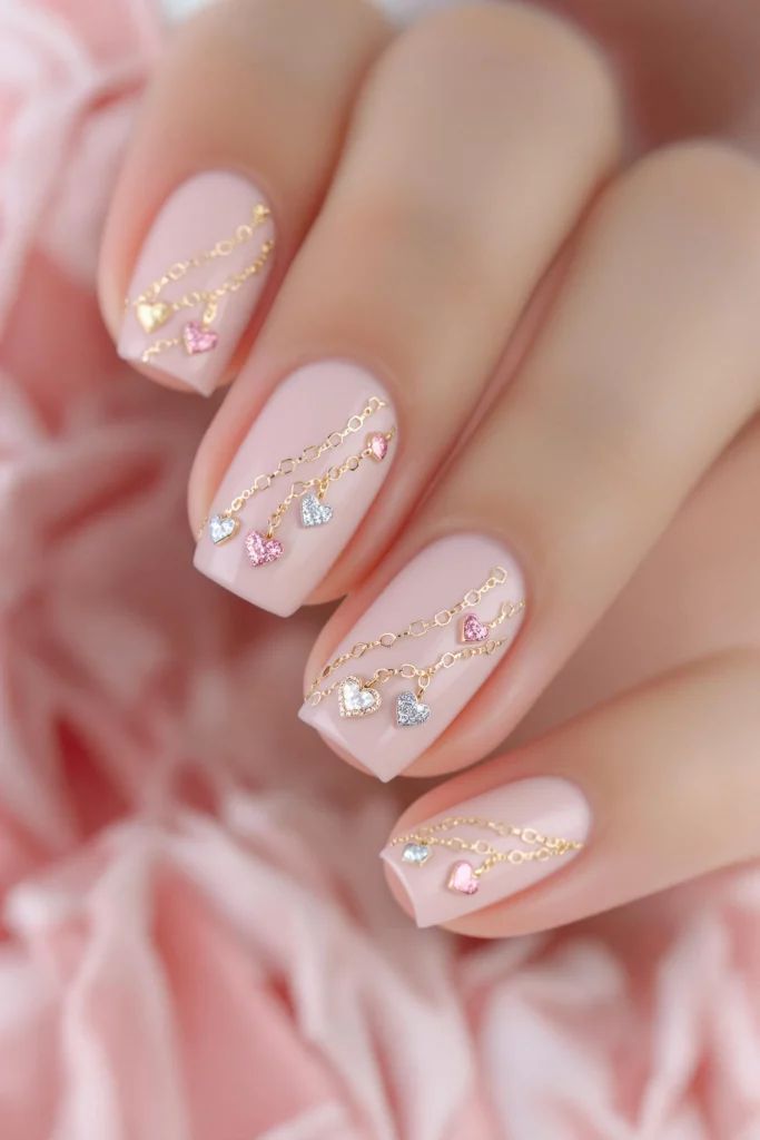 Short Oval Pale Pink With Gold Chain Hearts Short Oval Pale Pink With Gold Chain Hearts — Love Nails 2027